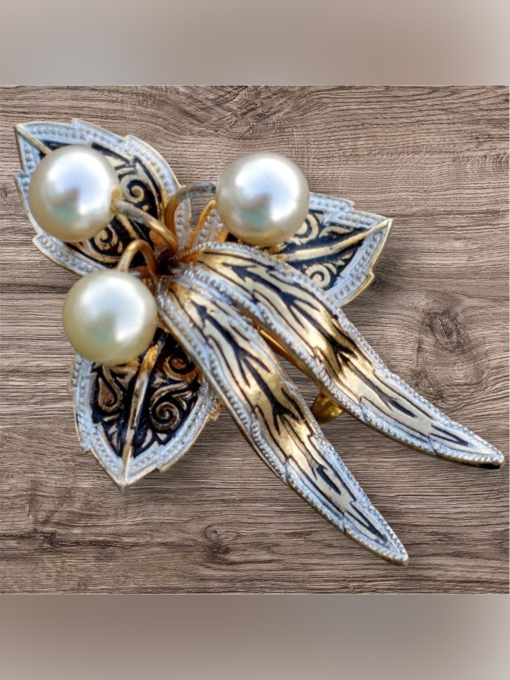 Vintage Damascene Faux Pearl Floral Pin Brooch